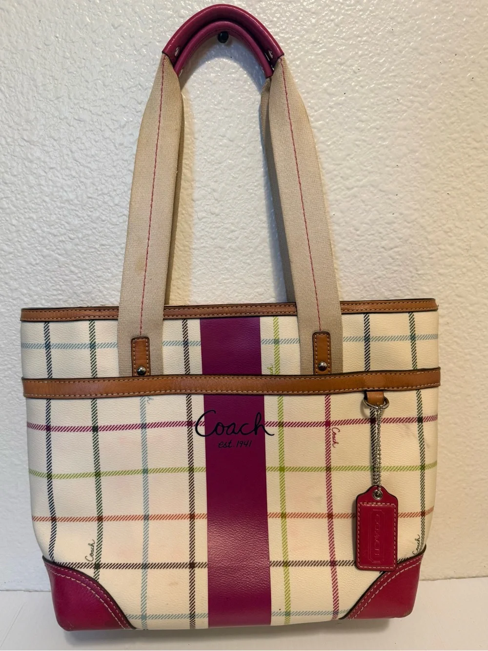 Coach White Plaid Canvas Tote with Pink Center Stripe